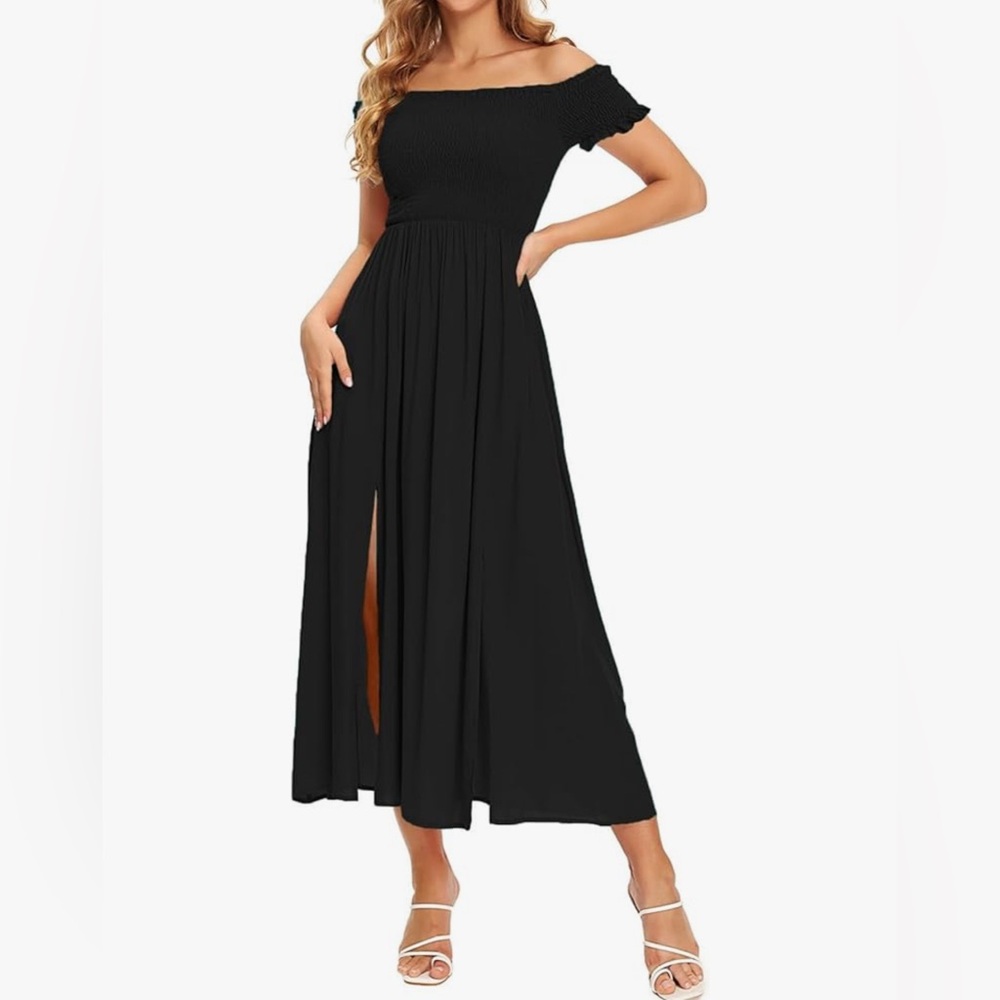 NEW Boho Black Off Shoulder Split A Line Midi Dress L